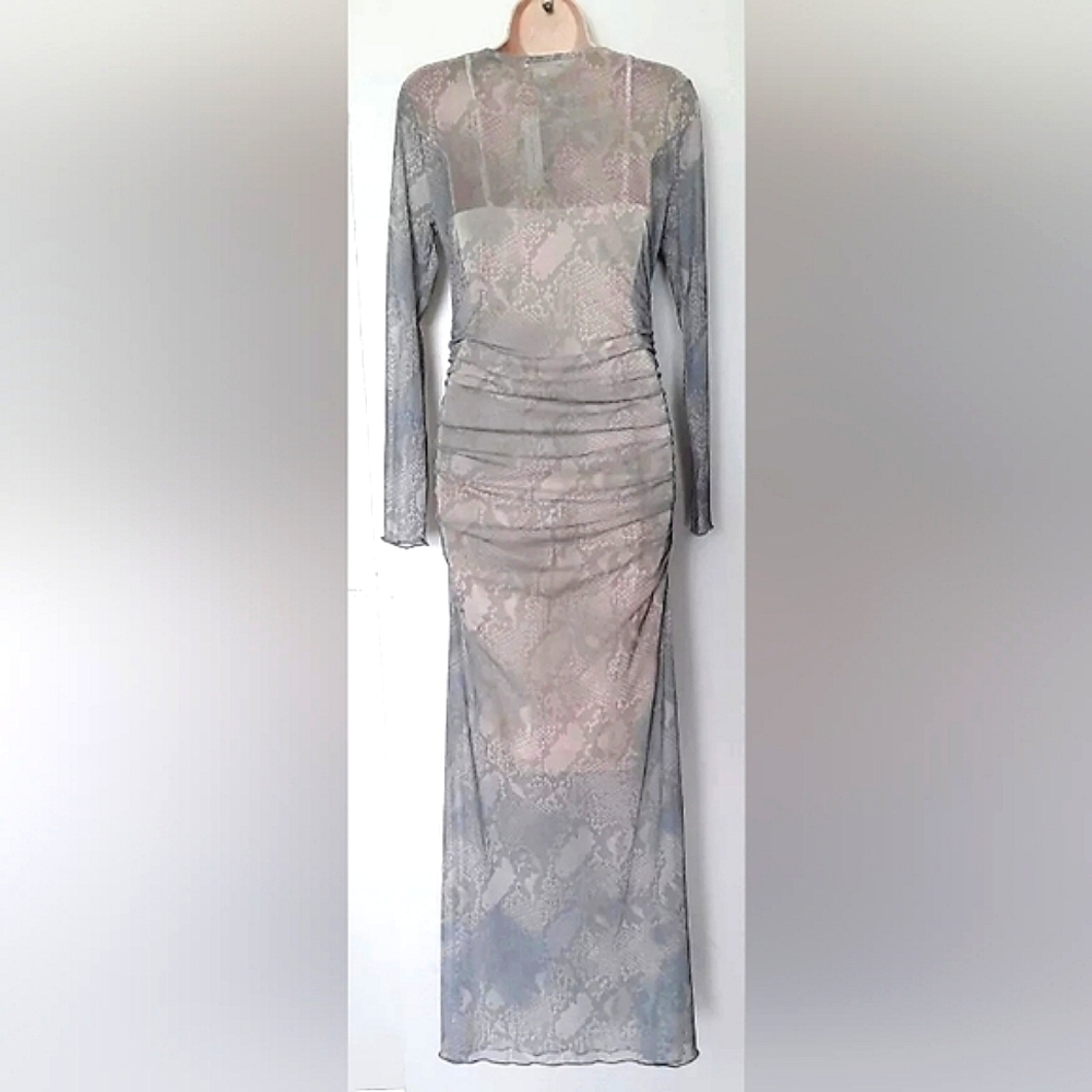 5/$50 No Comment Sheer Rouched Maxi Dress Snake Print Pink/Green/Grey Sz. S - Picture 4 of 6